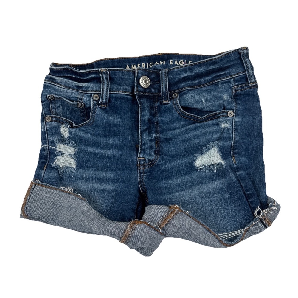 American Eagle Midi Jean Shorts Distressed Stretch Cuffed Blue Size 00